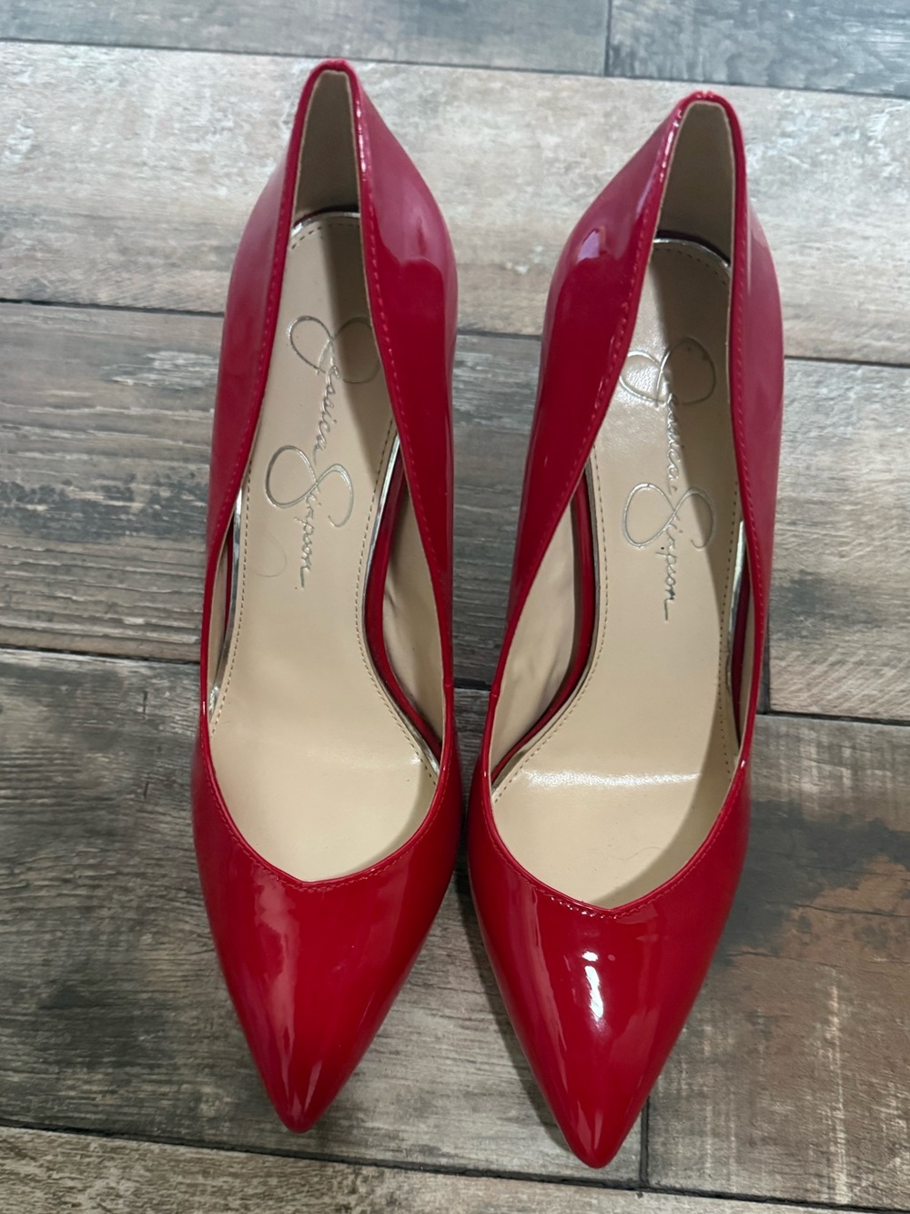 Jessica Simpson Cassani Red Patent Leather Pumps — Glossy Stiletto Heels.
